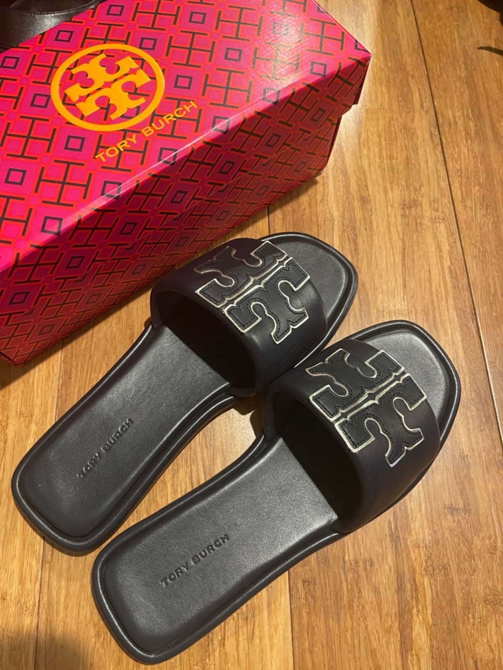 Tory Burch navy blue Slide Sandals with Metallic Logo